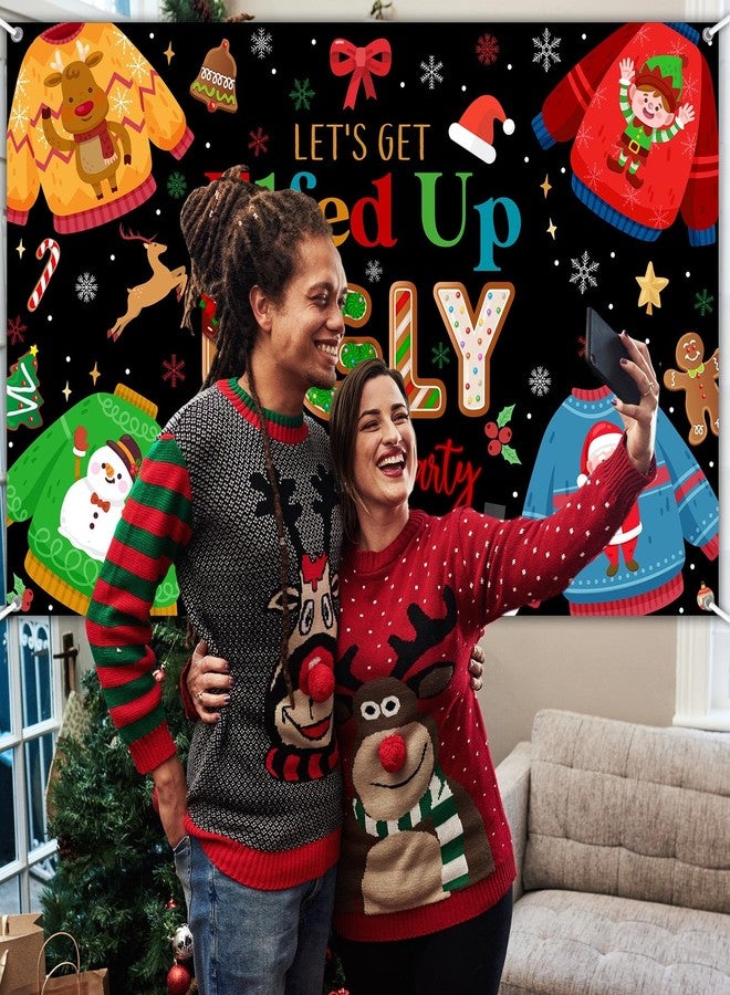 Lecheme Ugly Sweater Party Banner 6x3.6 ft Elfed Up Christmas Backdrop Black Ugly Sweater Party Decorations for Xmas Friendsmas Elf Theme Background Holiday Photo Props - Image 4